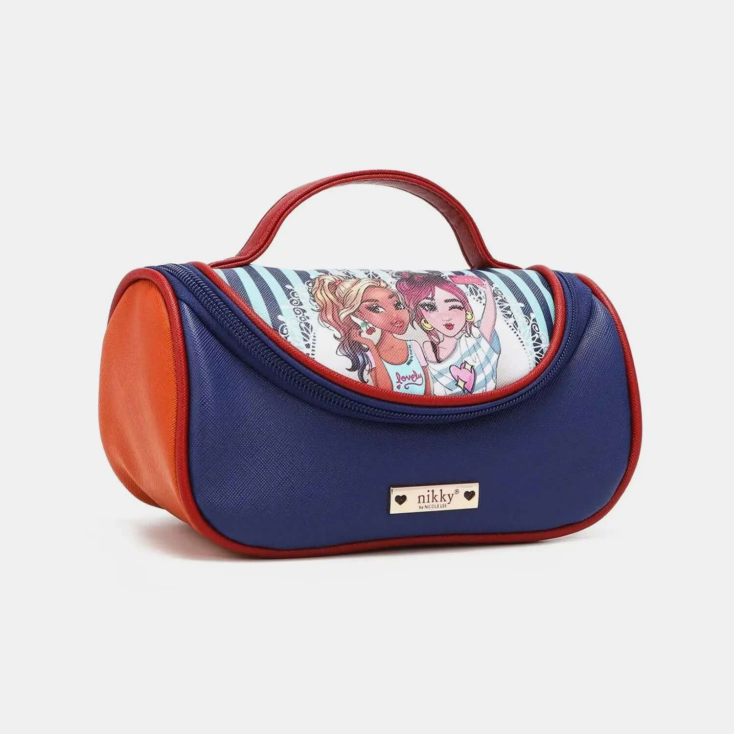 Nicole Lee USA Nikky Contrast makeup bag with blue and orange vegan leather, top handle, and graphic design panel