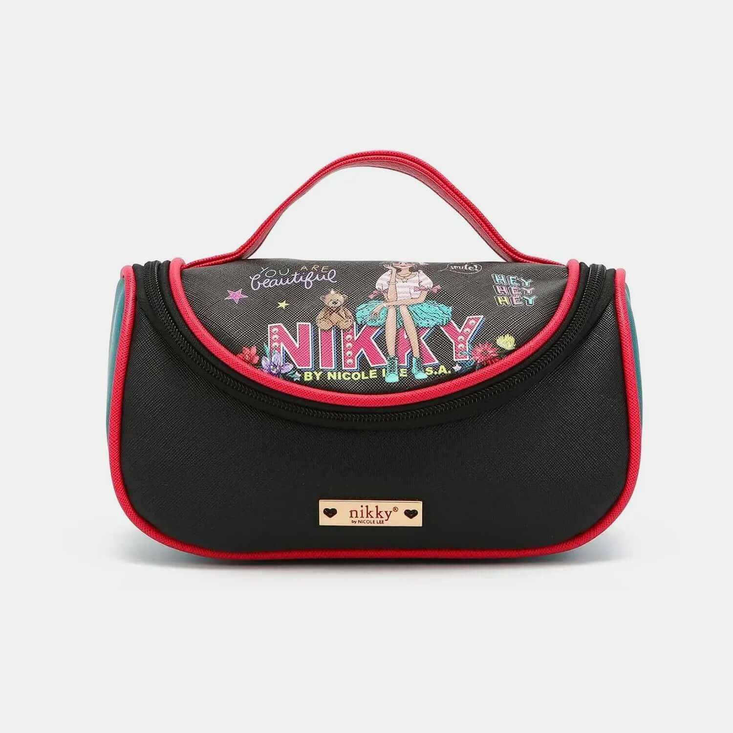 Nicole Lee USA Nikky Contrast black and red vegan leather makeup bag with handle and colorful graphic design