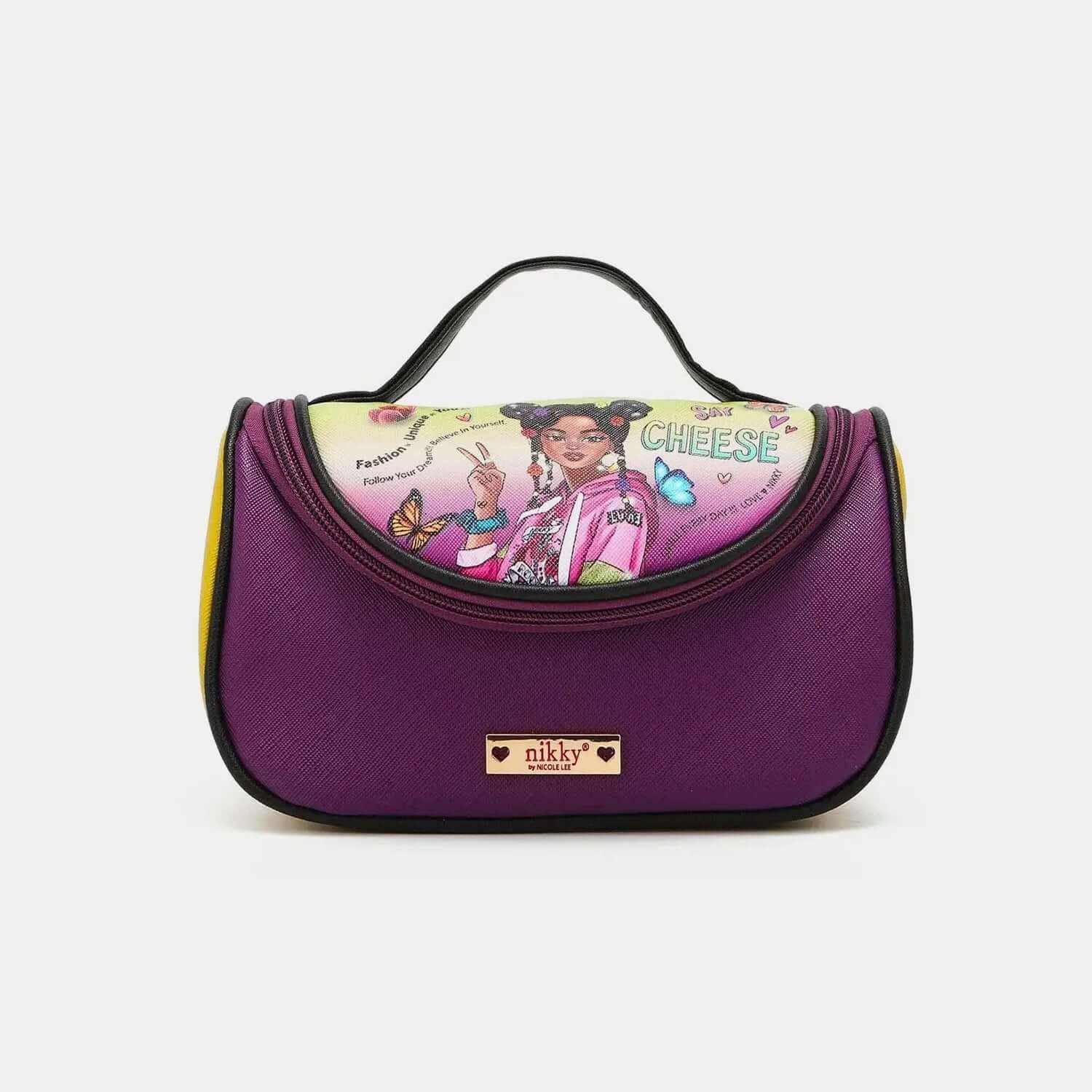 Nicole Lee USA Nikky Contrast vegan leather makeup bag with vibrant graphic and top handle