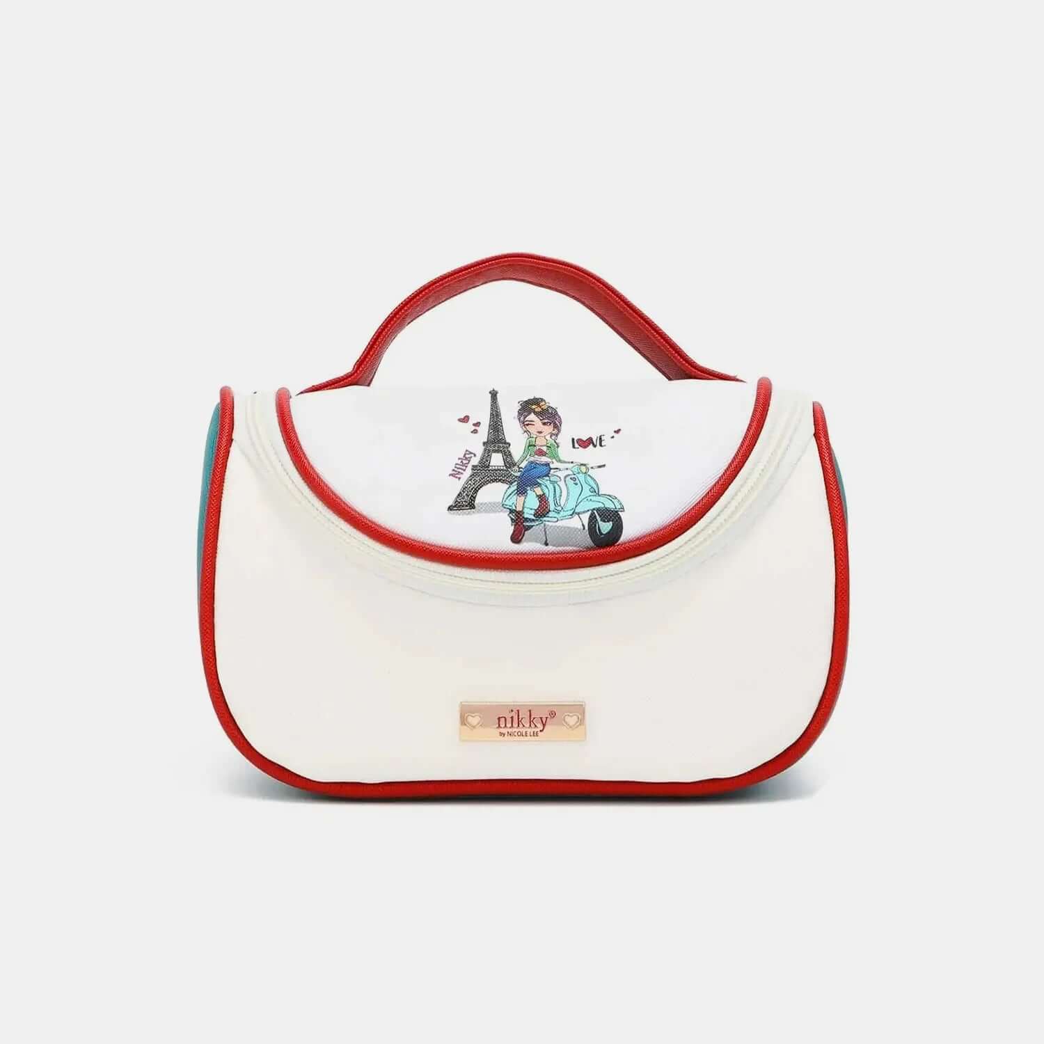 Nicole Lee USA Nikky Contrast makeup bag with red trim, handle, and Paris-themed design