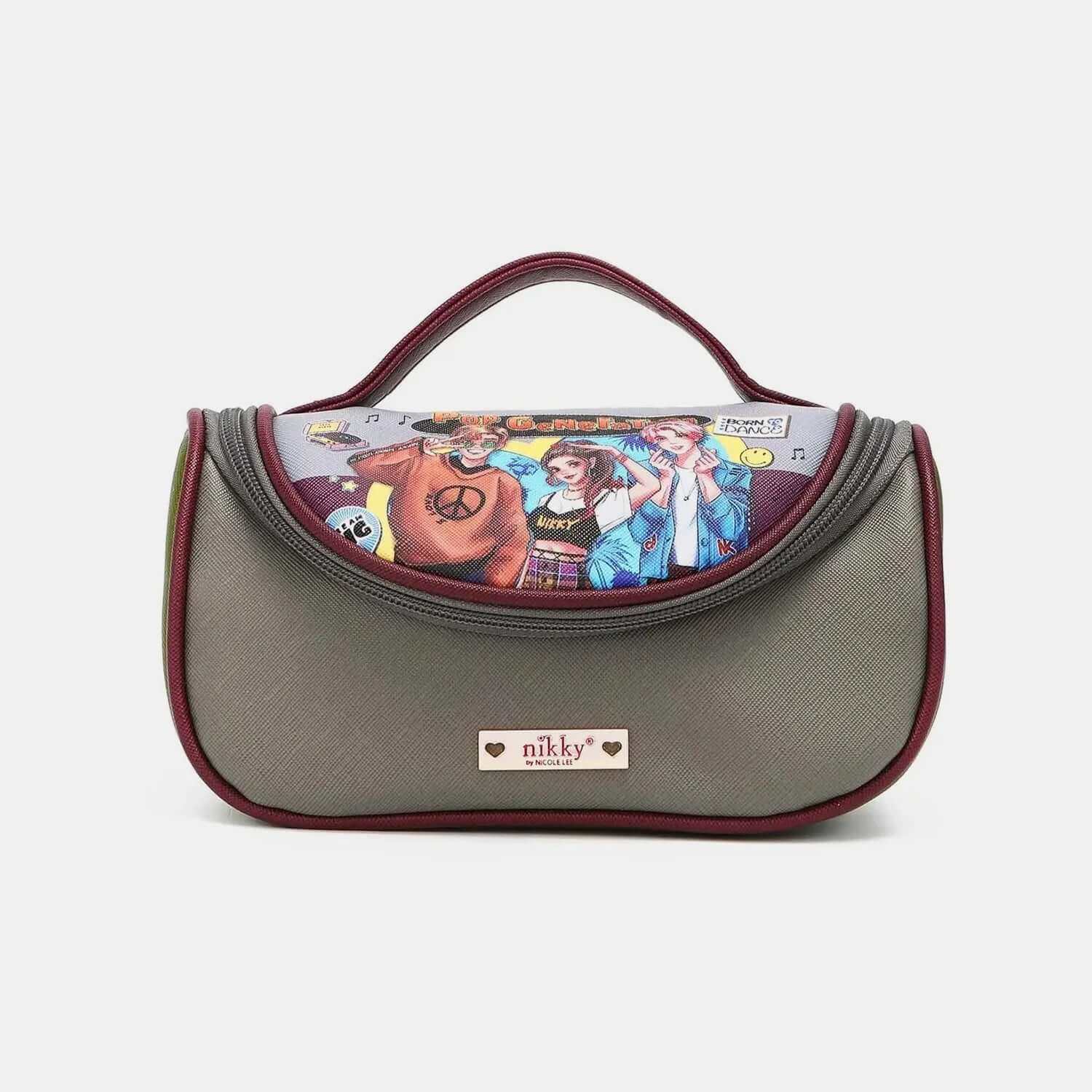 Nicole Lee USA Nikky Contrast vegan leather makeup bag with handle and colorful graphic top