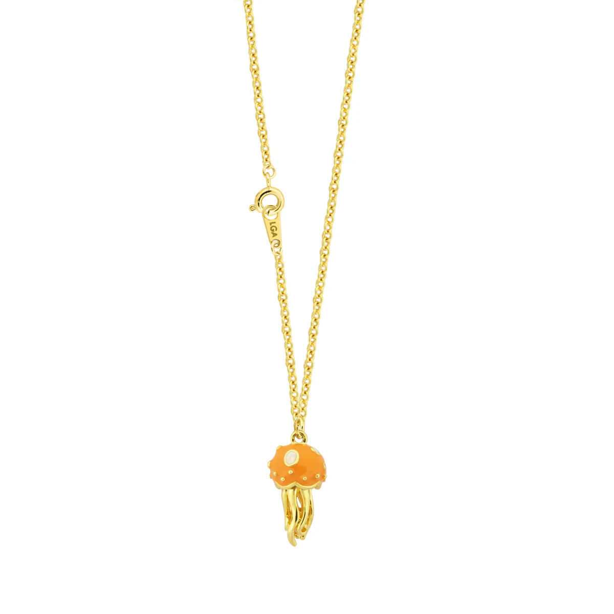 Ocean-inspired gold jellyfish pendant necklace with orange enamel on a delicate chain.