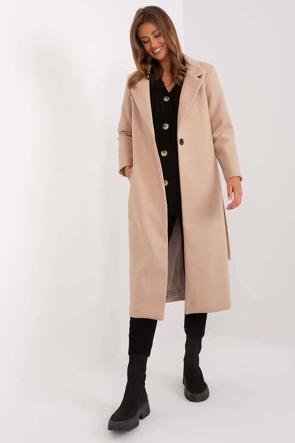 Och Bella Belted Fashion Trench Coat in beige, showcasing a stylish long cut and practical slip pockets.