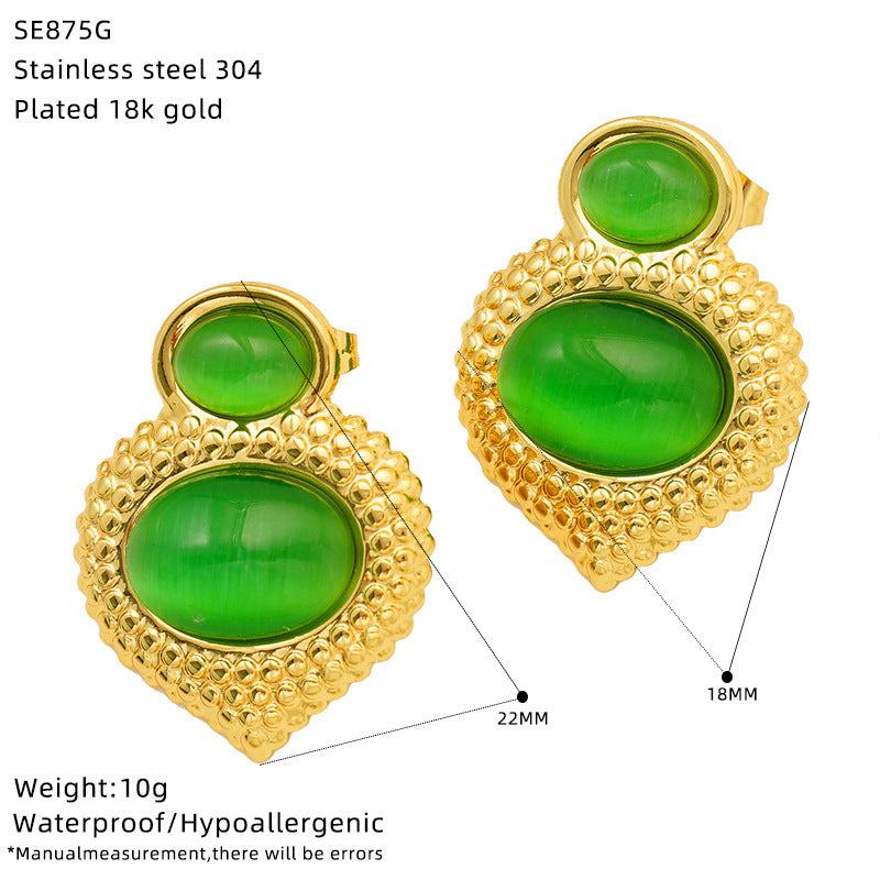 Gold plated opal stainless steel women's geometric stud earrings with ellipse design