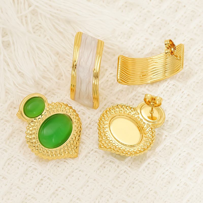 Opal stainless steel gold plated women's geometric stud earrings with green opal and textured design