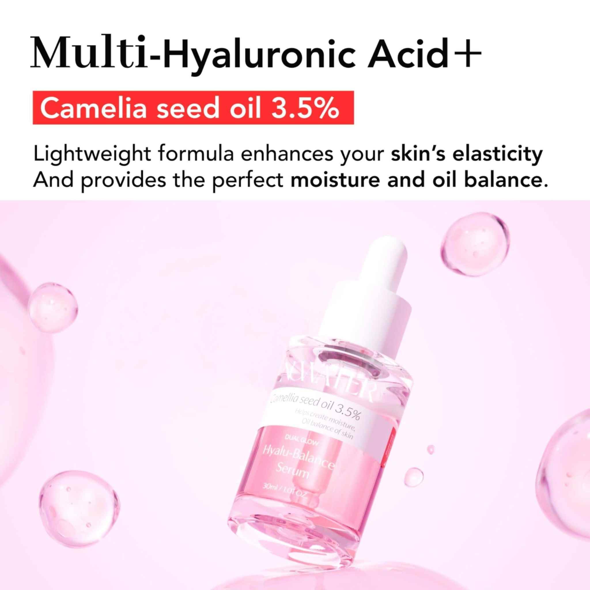 Bottle of Perfect Balance Dual Glow Hyaluronic Serum with camellia seed oil, promoting skin elasticity and moisture balance.