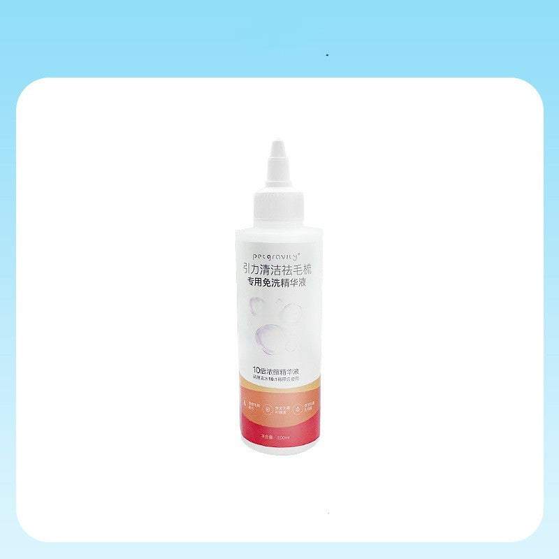 Bottle of pet hair remover essence cleaner with white and red label on blue background