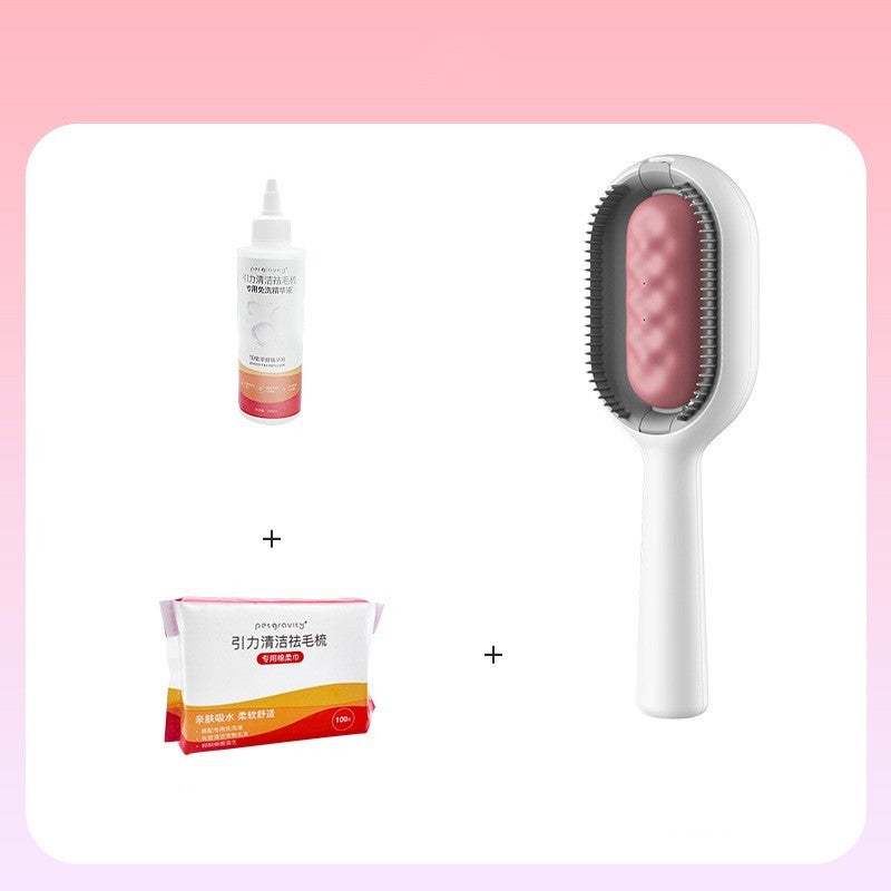 Pet hair remover floating comb with essence bottle and cleaning napkin set on pink background