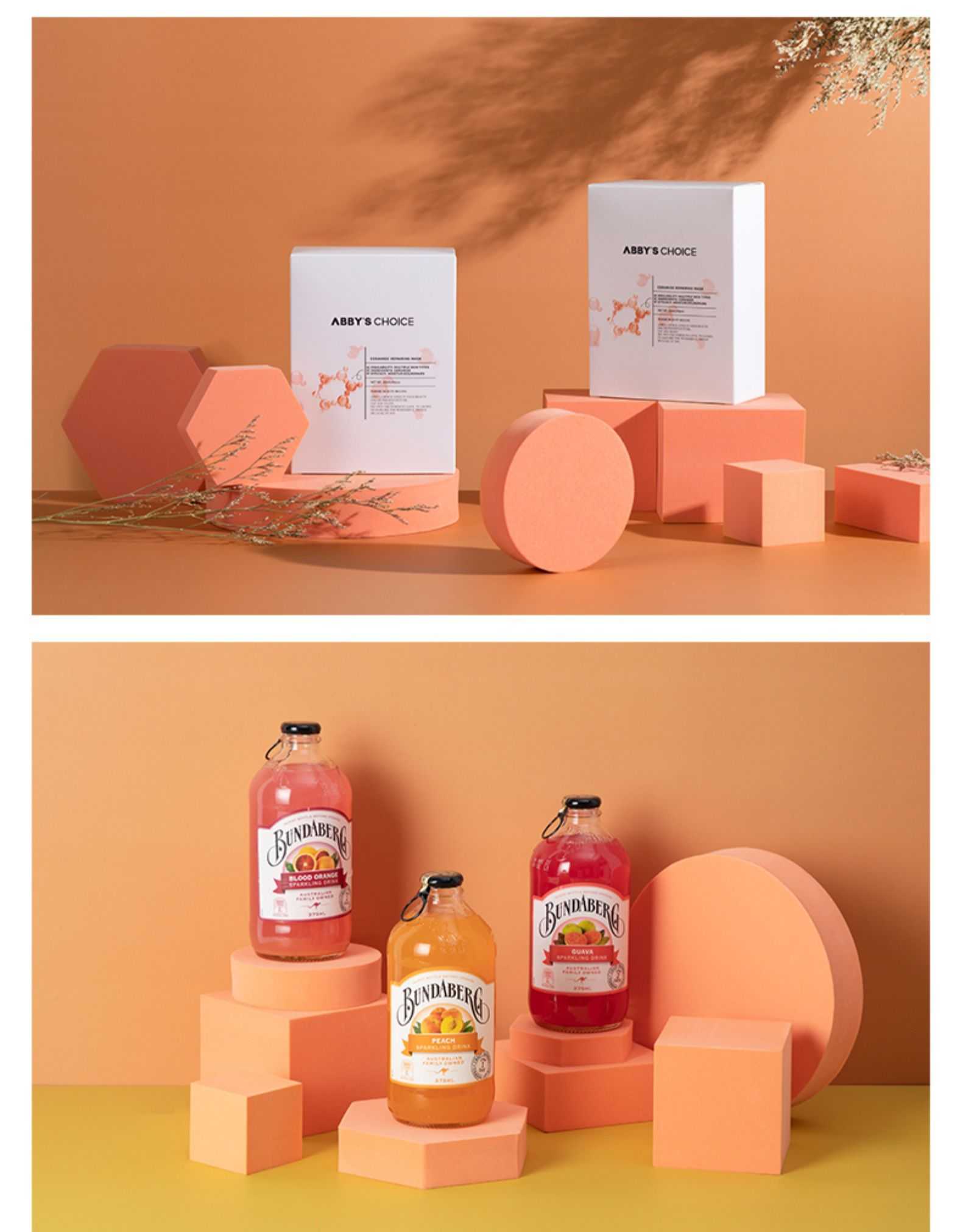 Photo prop geometric cube decor set with polymer foam shapes in peach tones including cubes, cylinders, and hexagons.