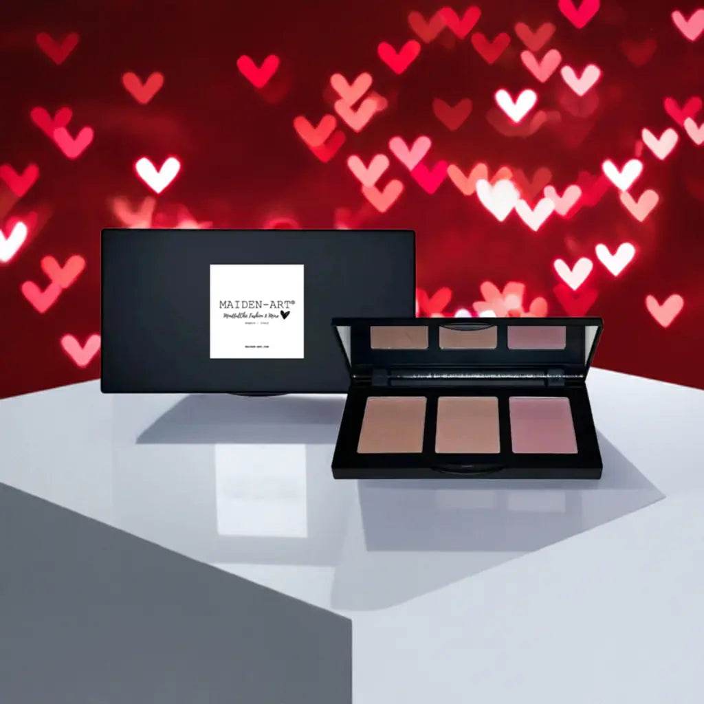 Pinch-Tone Blush Palette with three shades, set against a blurred heart backdrop for a romantic look.
