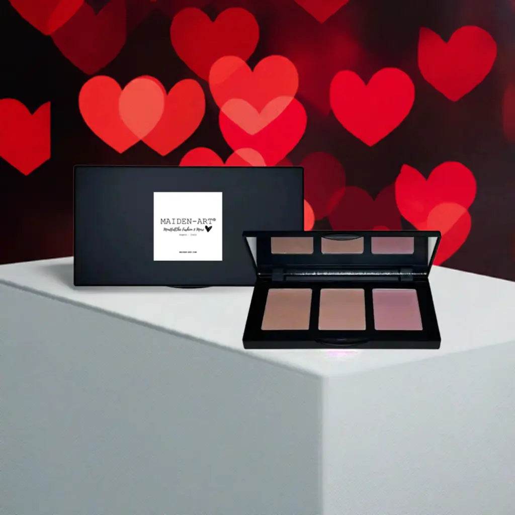 Pinch-Tone Blush Palette for Cheeks showcasing 3 silky blush shades on a display with a hearts backdrop.