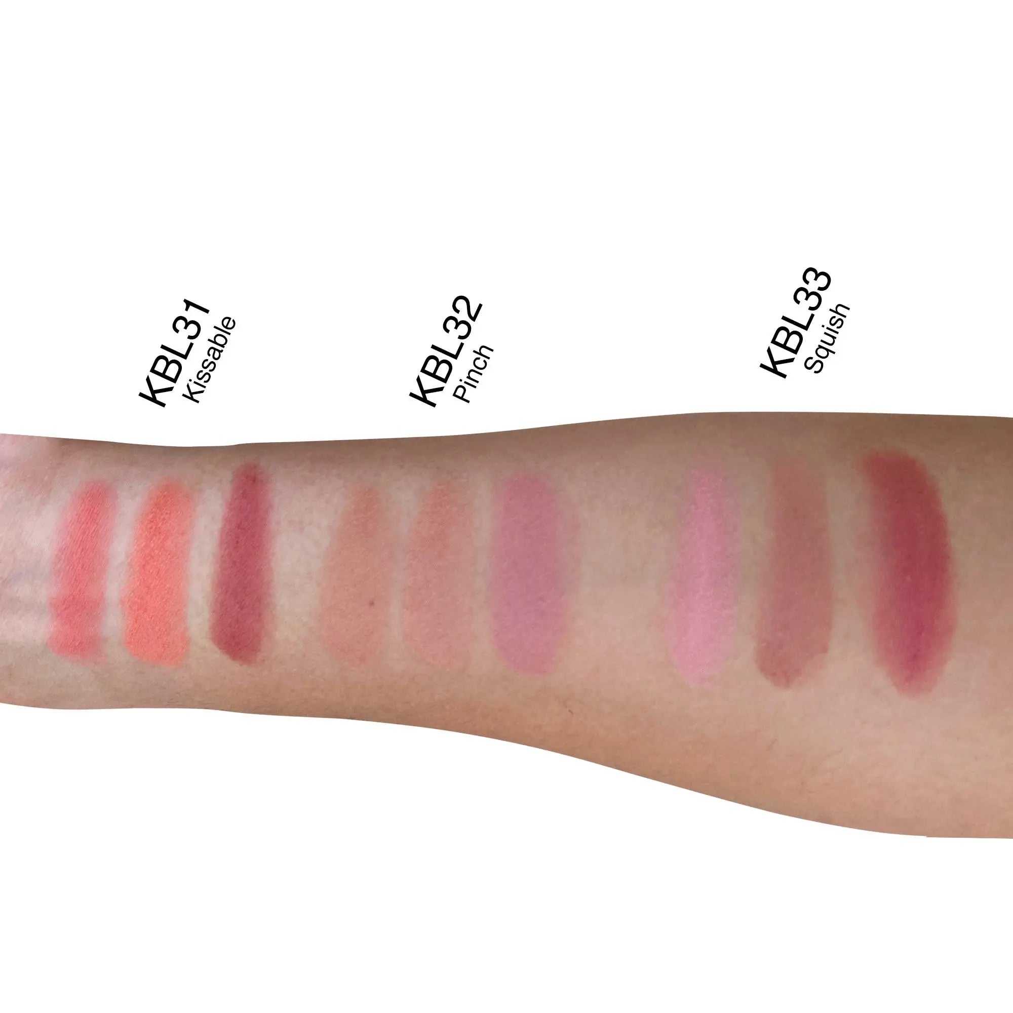 Swatches of the Pinch-Tone Blush Palette showing KBL31, KBL32, and KBL33 shades on an arm.
