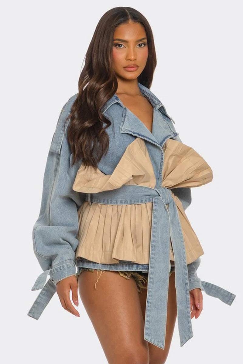 Pleated contrast denim jacket featuring oversized fit, pleated beige panel, and coordinating denim belt for a bold statement.