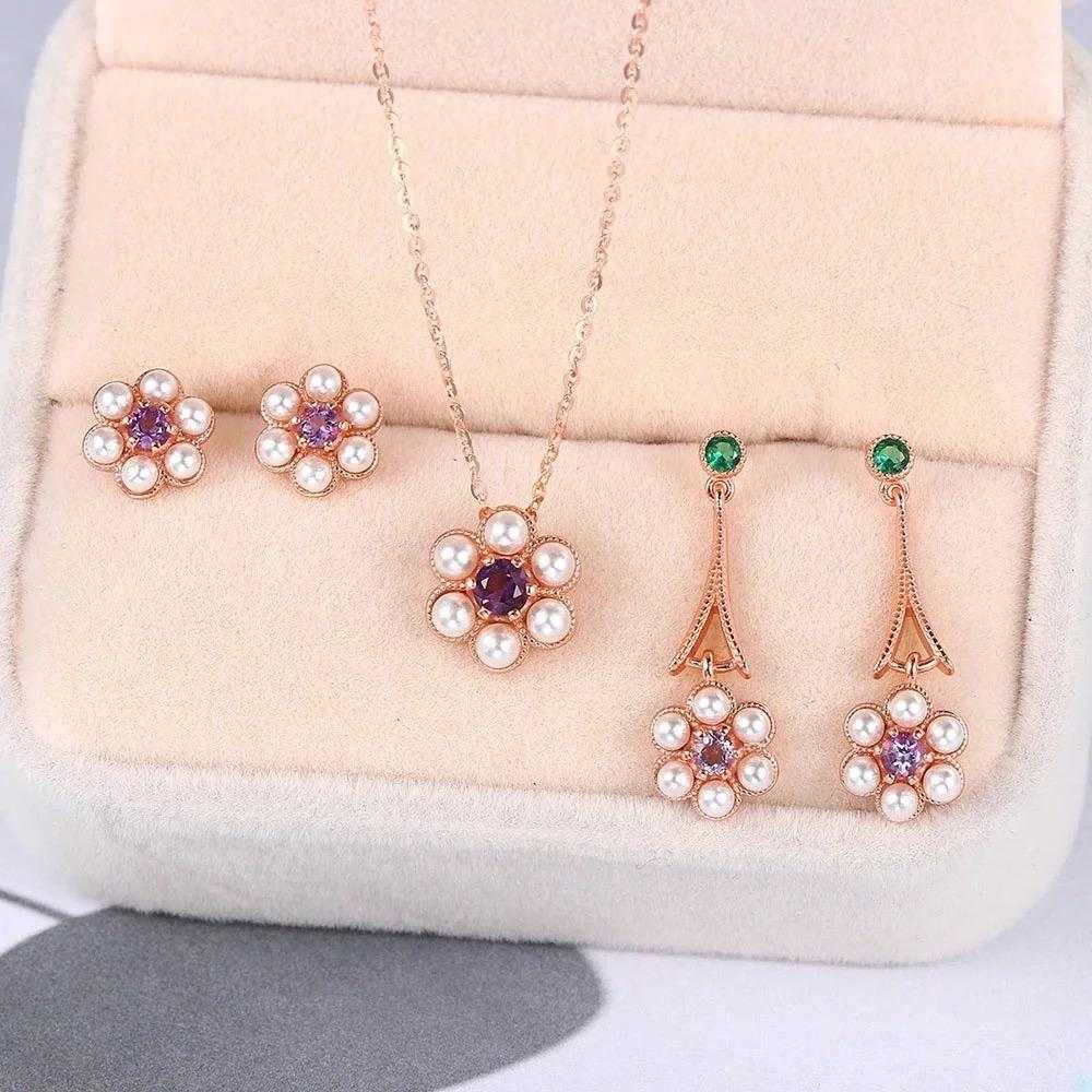 Plum Charm Amethyst Tassel Necklace with pearl flower pendant and matching earrings set in silver