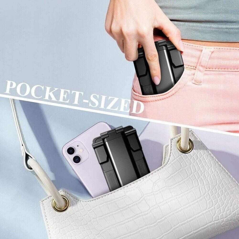 Pocket-sized phone holder being placed in a jeans pocket, showcasing portability and convenience.