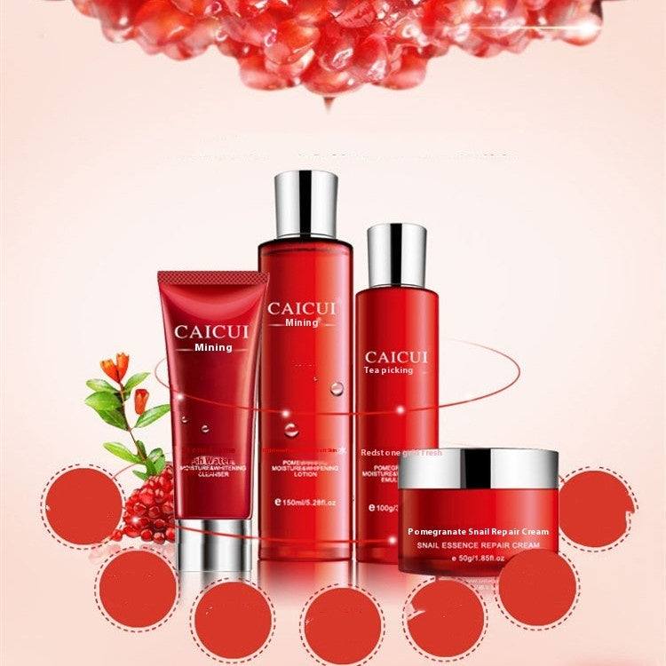Pomegranate Set moisturizing skincare cosmetic products including face wash, toner, lotion, and facial cream in red packaging.