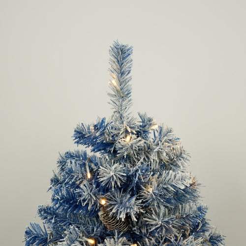 Blue pre-lit artificial Christmas tree with frosted branches and warm white LED lights
