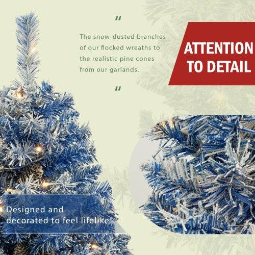 Blue pre-lit artificial Christmas tree set with snow-dusted branches and LED lights