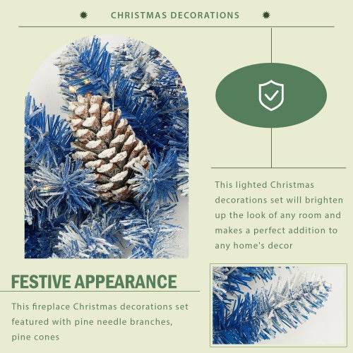 Blue pre-lit artificial Christmas tree set with pine needle branches, pine cones, and LED lights for festive decoration.