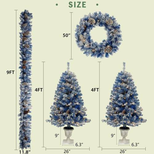 Blue pre-lit artificial Christmas tree set with two 4FT trees, 9FT garland, and 50" wreath with LED lights and pine cones