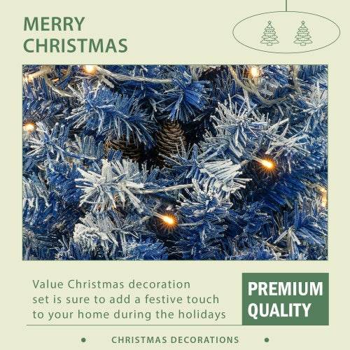 Close-up of blue pre-lit artificial Christmas tree branches with warm white LED lights and frosted tips for festive holiday decoration