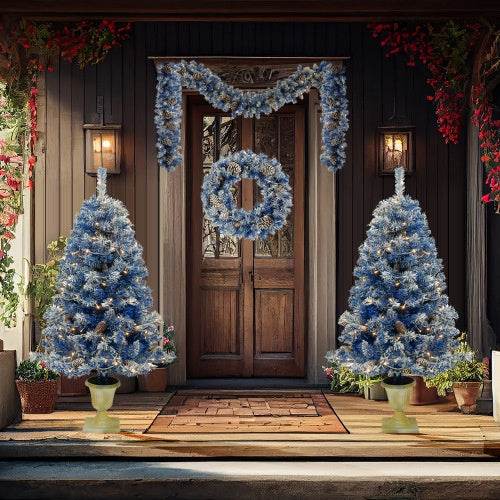 Blue pre-lit artificial Christmas tree set with LED lights, garland, wreath, and entrance trees for festive decoration.