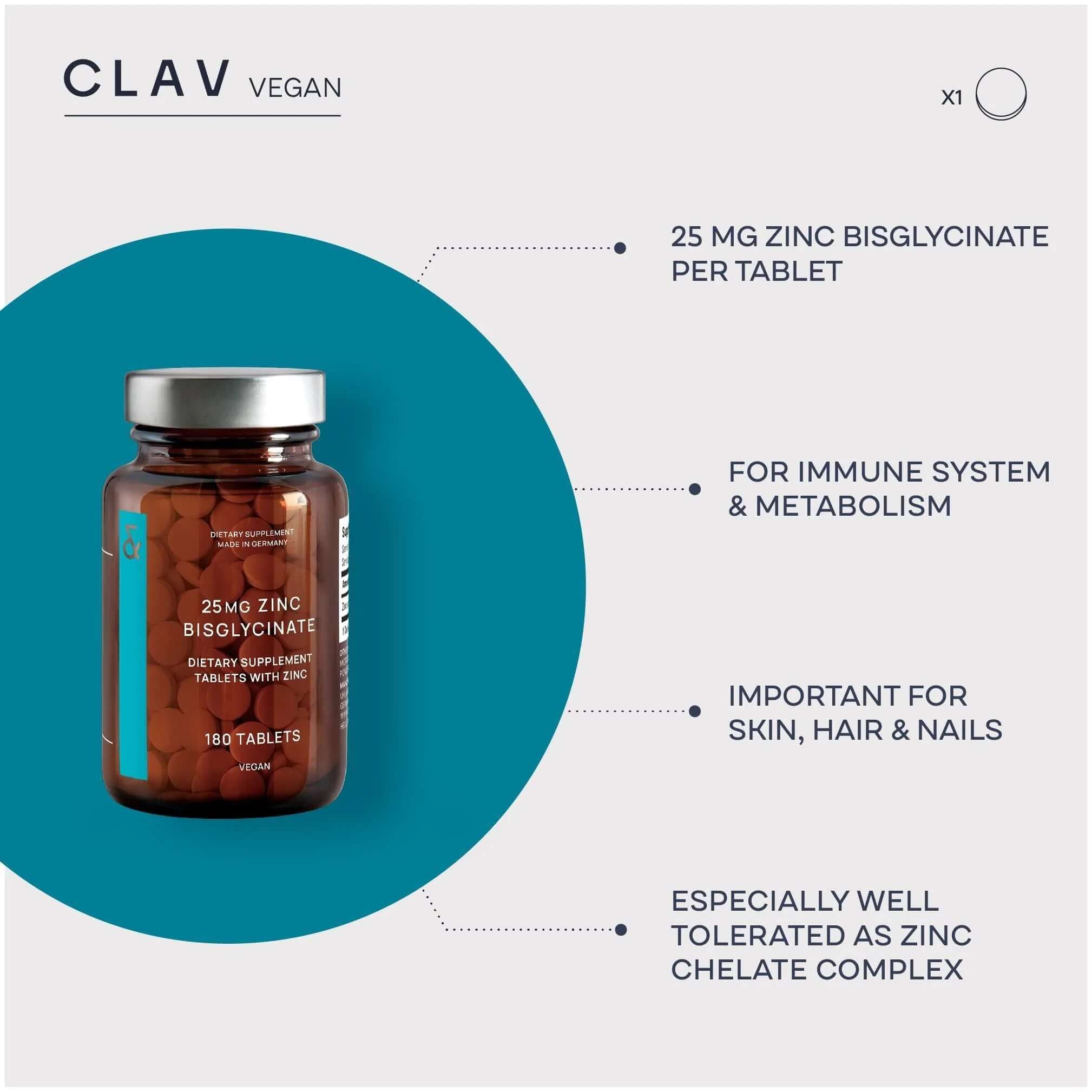 Brown bottle of Clav vegan zinc bisglycinate supplement, 180 tablets, with 25mg zinc per tablet for immunity and metabolism.