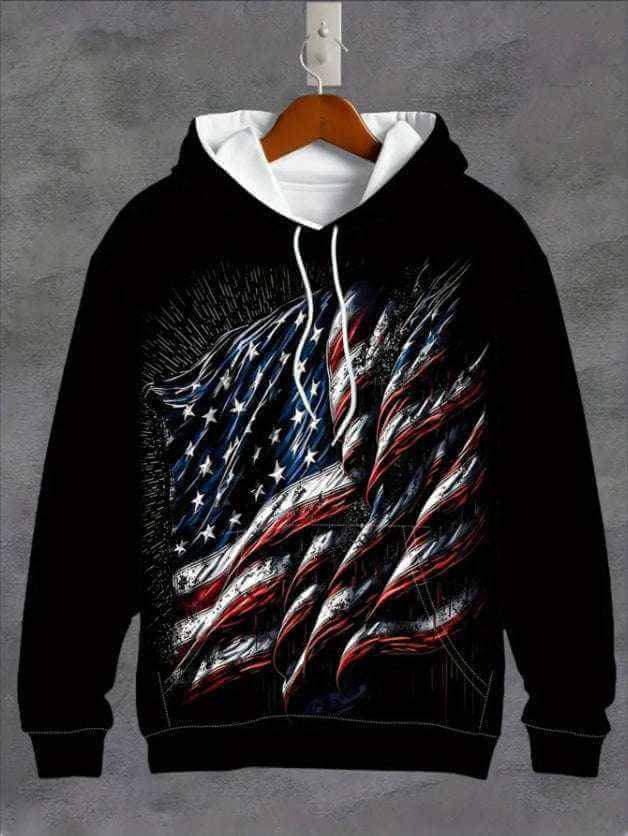 Printed hooded sweatshirt with American flag design, made of 100% cotton, available in sizes S-3XL.