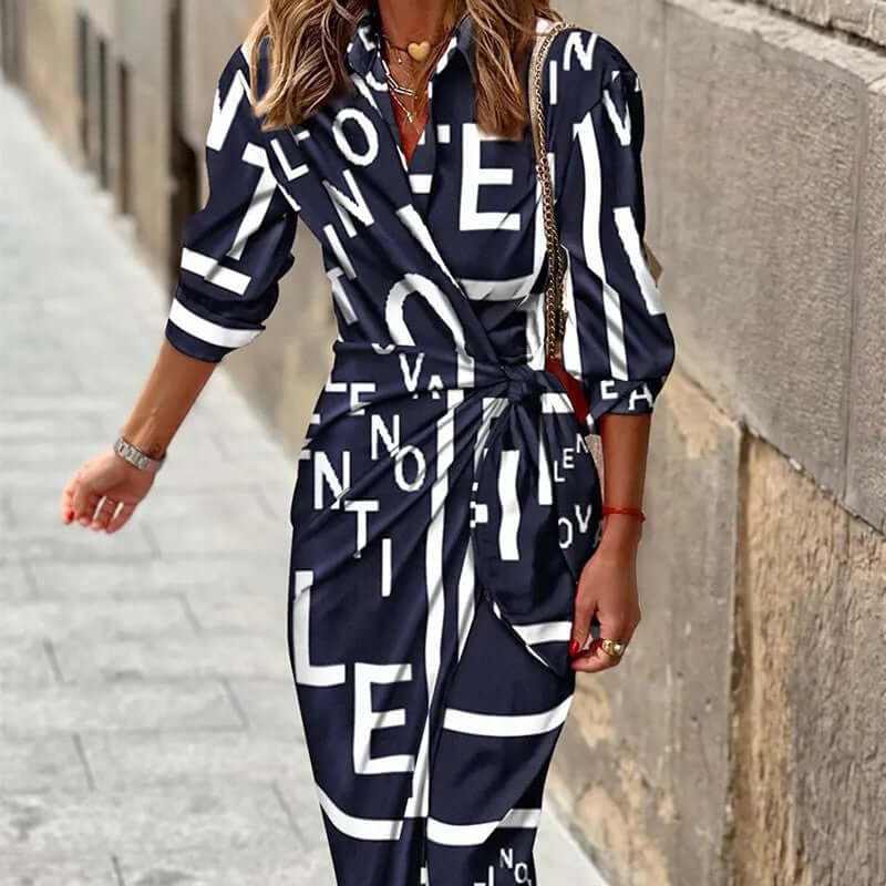 Fashion printed shirt dress with belt, three-quarter sleeves, stylish look, perfect for women outings.