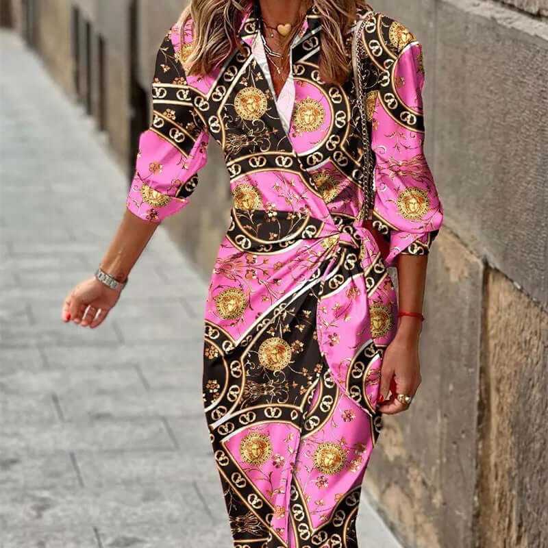Fashion printed shirt dress with belt, three-quarter sleeves, pink and black pattern, stylish women's outfit.
