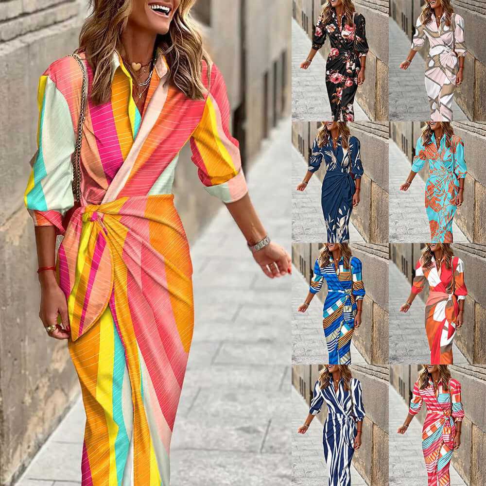 Fashion printed shirt dress with belt, three-quarter sleeves, available in various colors and patterns for women.