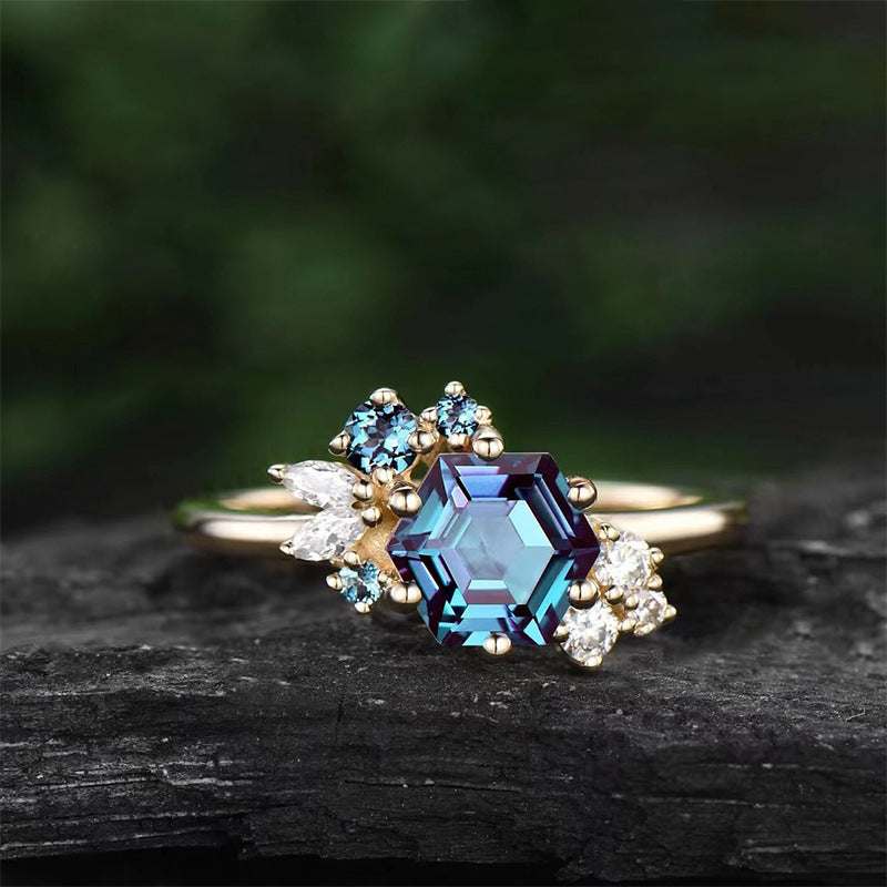 Prismatic Brilliance Six-Claw Zircon Ring with blue geometric zircon and gold setting for women