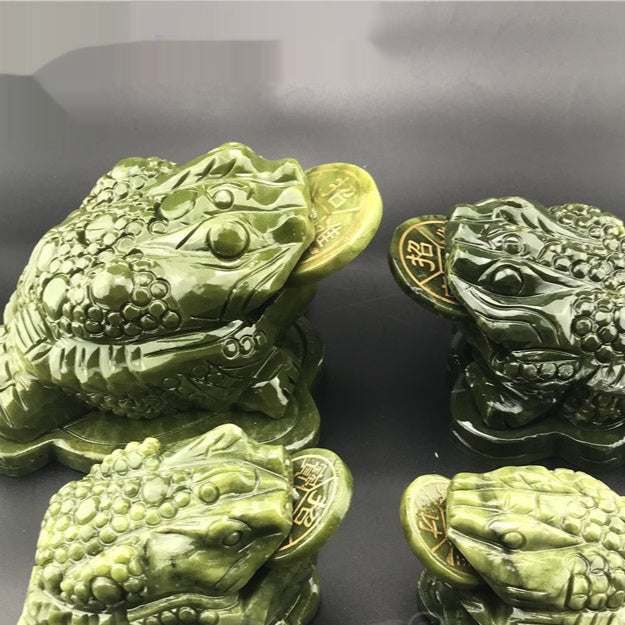 South Jade Toad Jewelry with gold coins, Chinese style prosperity symbol carved from green jade
