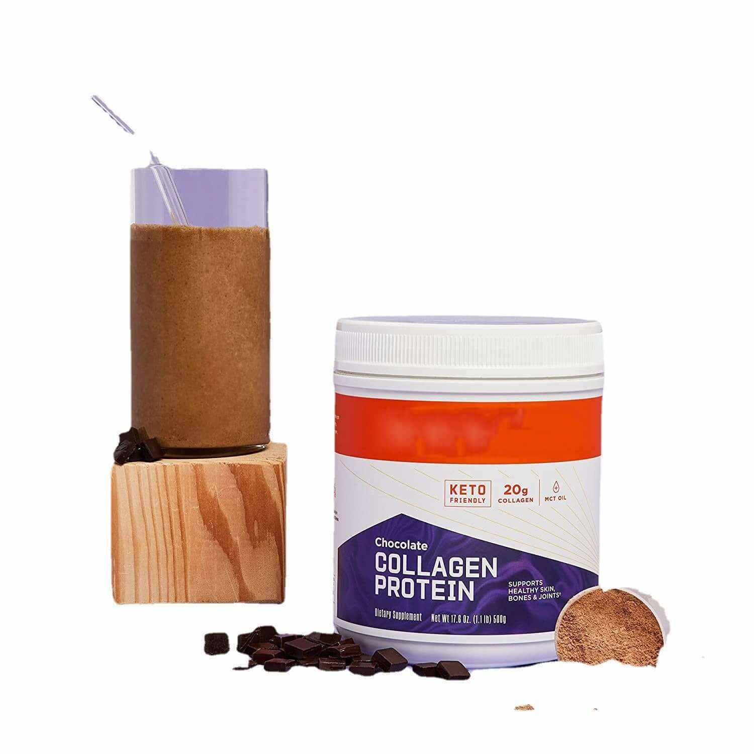 Chocolate collagen protein supplement with a glass containing a mixed drink, promoting healthy hair, skin, and nails.