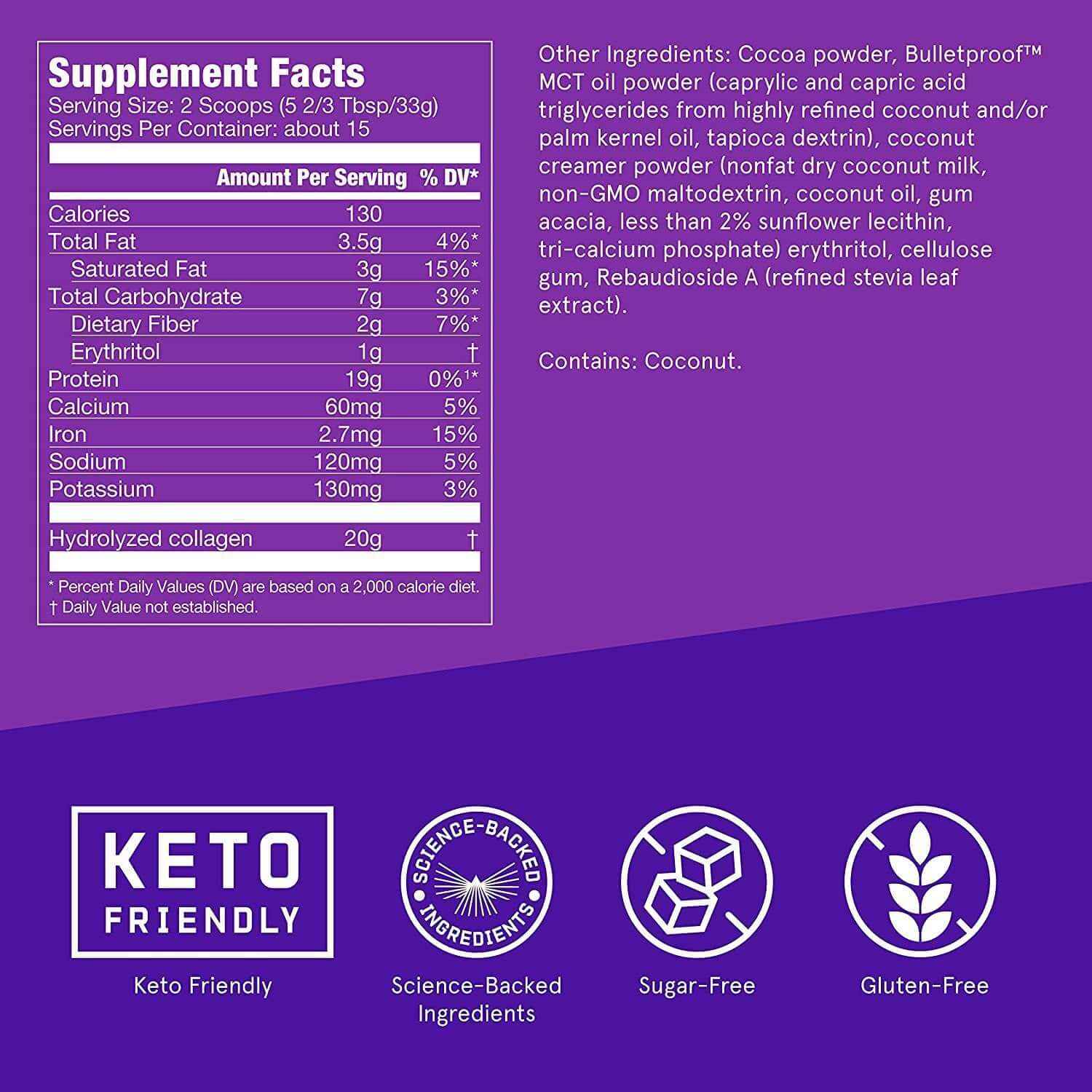 Supplement facts for Protein Chocolate Collagen Powder, highlighting nutritional benefits and keto-friendly ingredients.