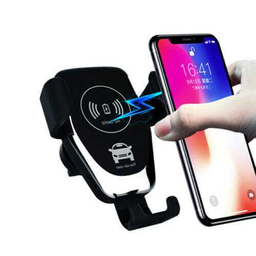 10W QI wireless fast car charger mount holder with automatic clamping and phone charging feature.