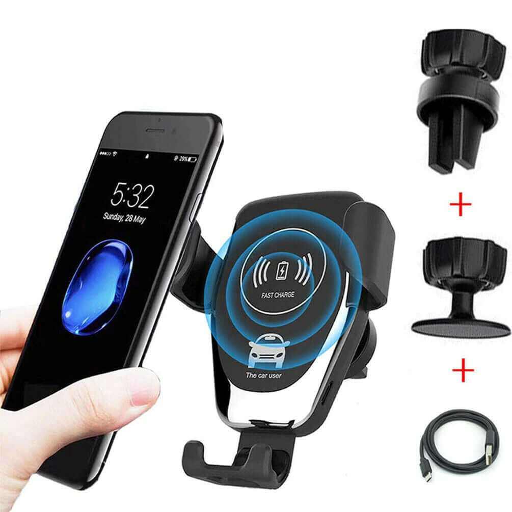 10W QI wireless fast car charger mount with automatic clamping and phone charging features, showing a phone being placed in holder.