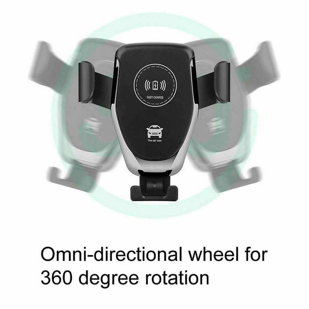 10W QI wireless car charger holder with omni-directional wheel for 360-degree rotation and automatic clamping.