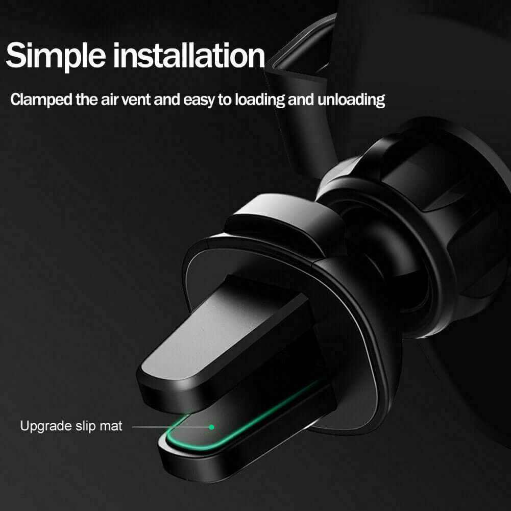 Close-up of a wireless car charger mount showing easy installation on air vent with upgraded slip mat.