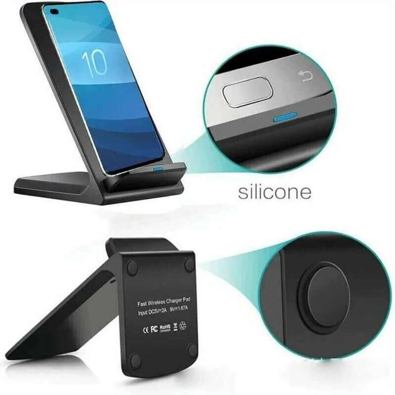 Qi wireless fast charger pad stand for Galaxy phone with silicone base and adjustable angle.