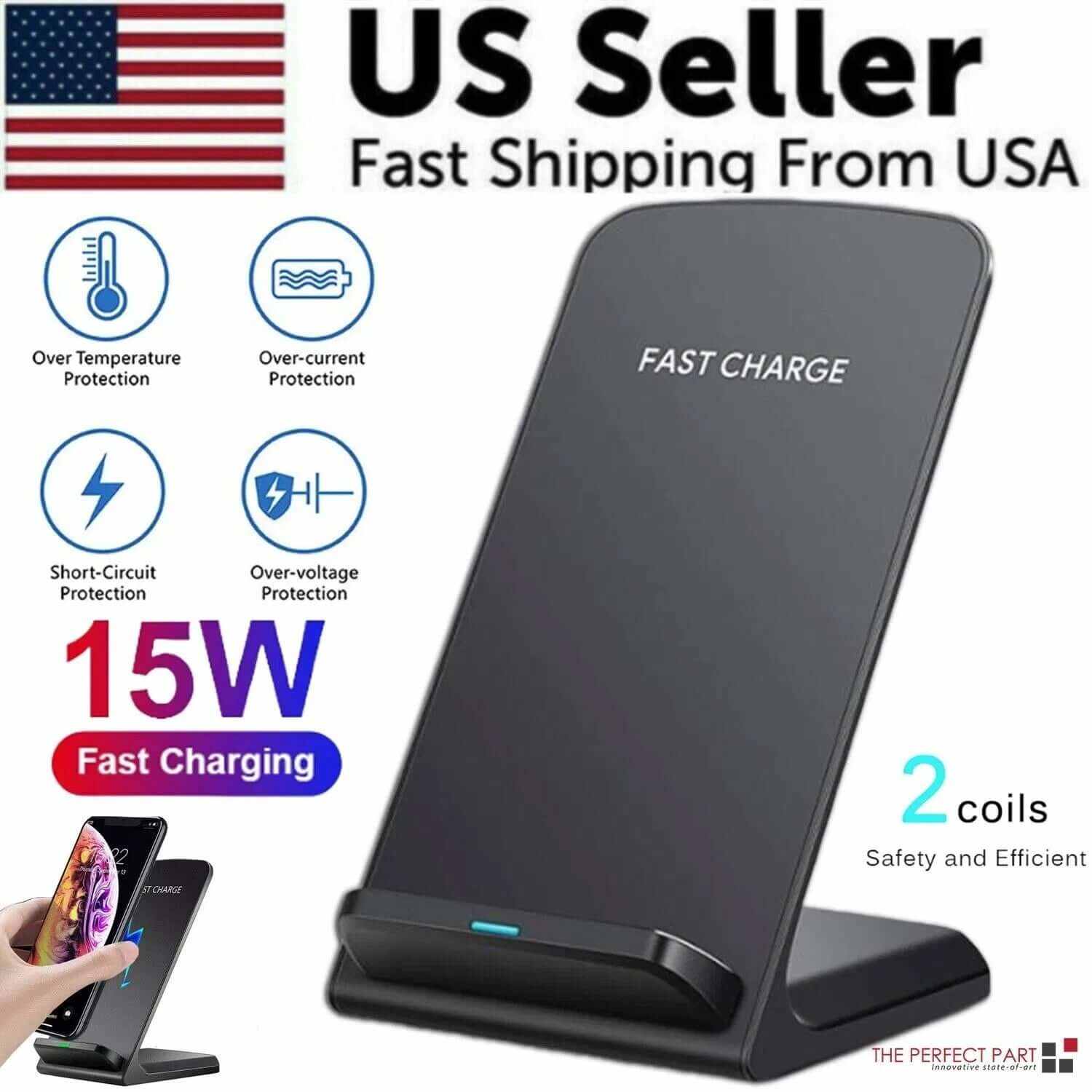 Qi Wireless Fast Charger Stand Dock for Galaxy Phones with 15W fast charging and safety features.