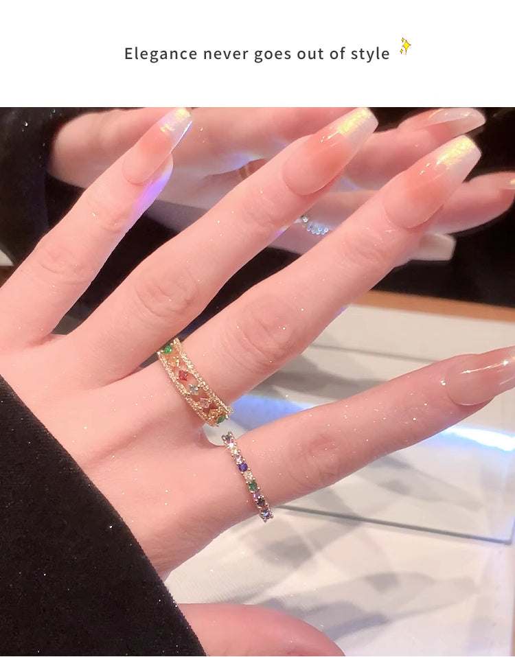 Adjustable rainbow gemstone ring with hollow out and single row zircon design on female hand