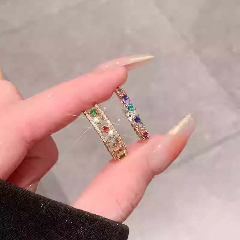 Adjustable Rainbow Gemstone Ring with multicolored zircon stones in a single row design for women