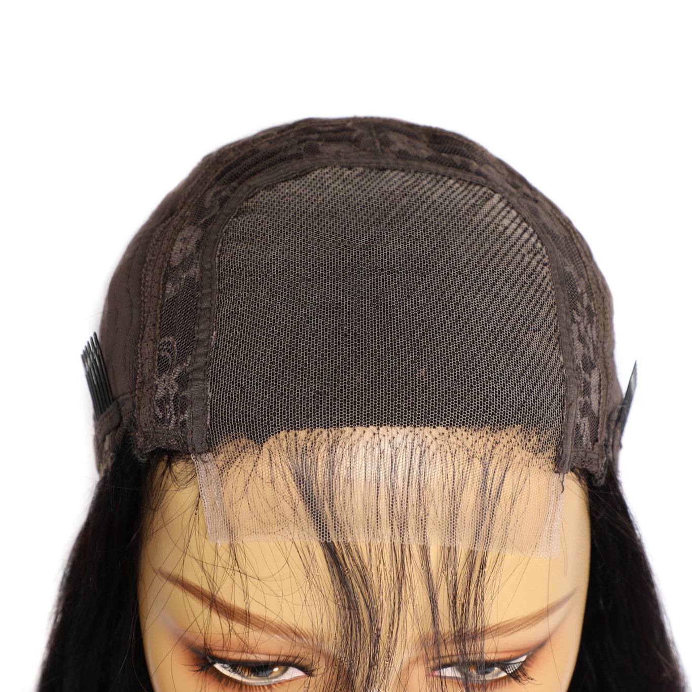Real human hair wig lace front cap with hand-woven black straight hair