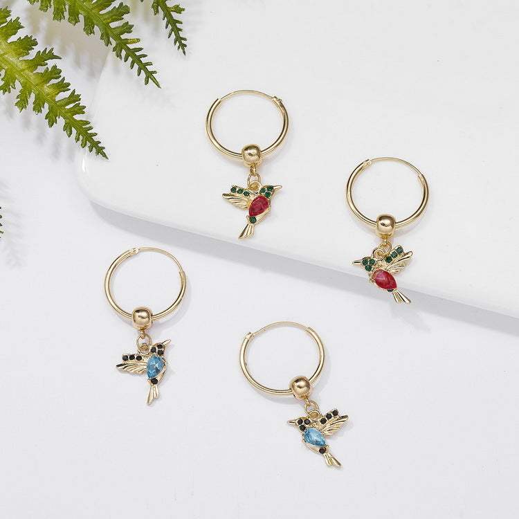 Gold hoop earrings with red and blue hummingbird charms for women fashion accessory