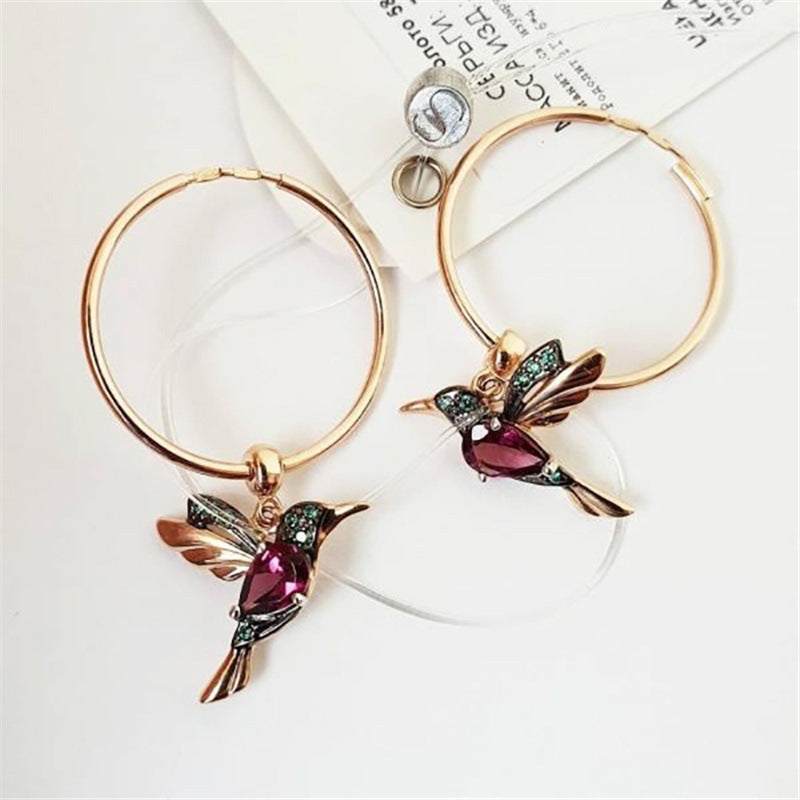 Red and blue hummingbird charm hoop earrings for women, metal material, animal-inspired fashion jewelry