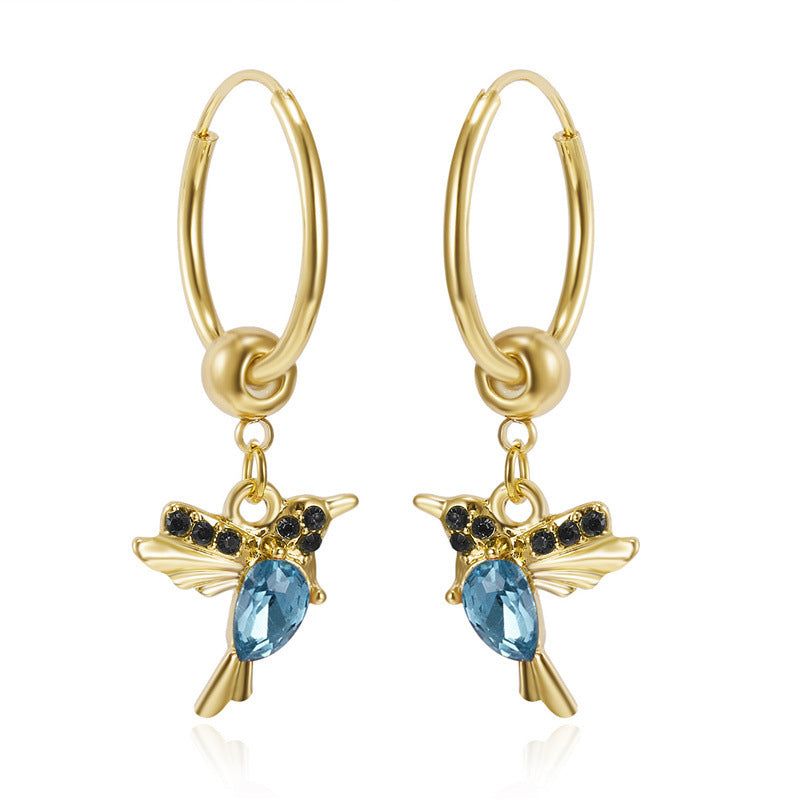 Gold hoop earrings with red and blue hummingbird charms and gemstone accents for women