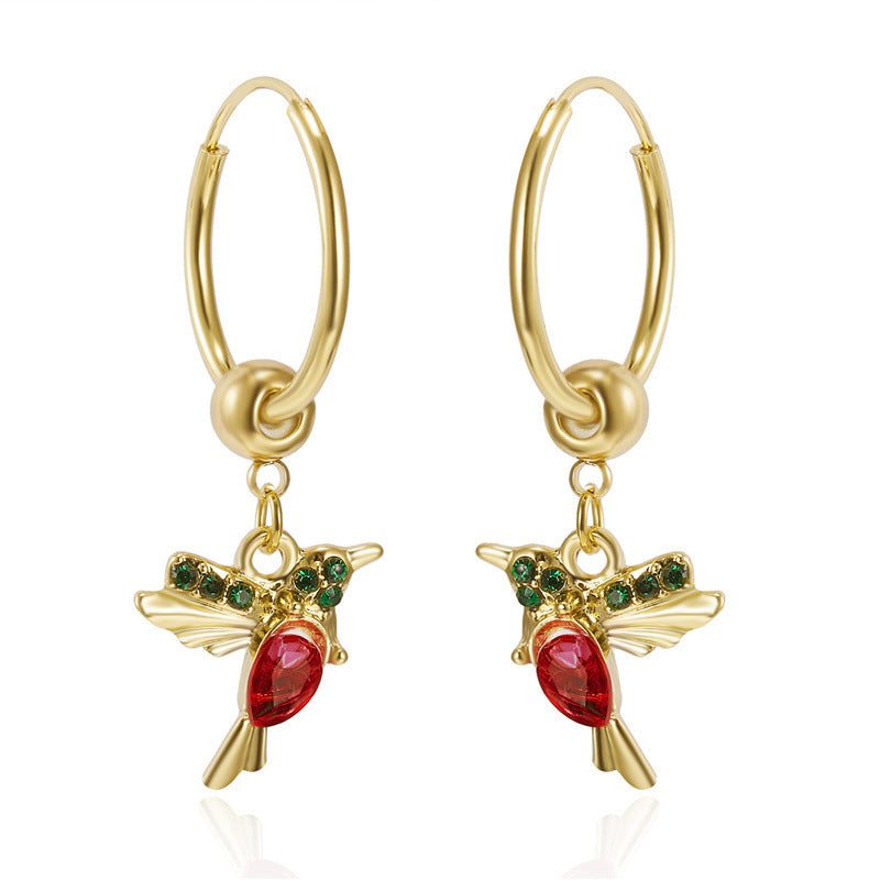 Gold hoop earrings with red and green jeweled hummingbird charms for women