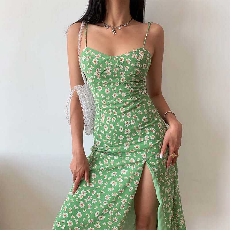 Retro green floral side slit dress with spaghetti straps, perfect for holidays and summer outings.