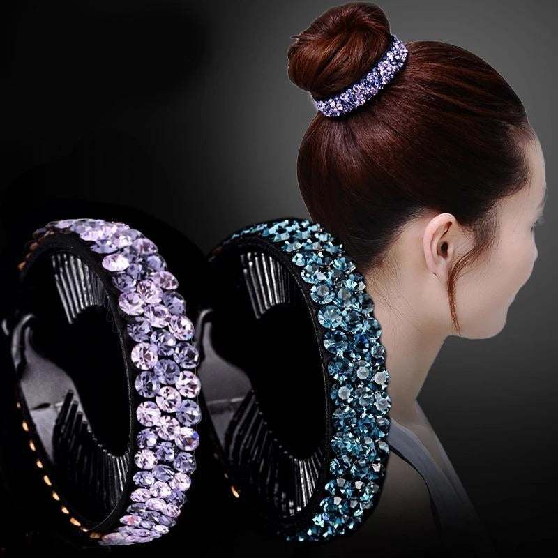 Close-up of rhinestones hair claws in purple and blue, with a woman wearing one in a bun hairstyle.